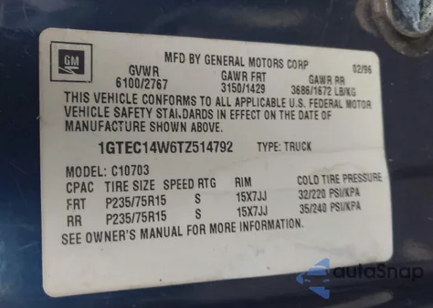 1996 GMC Sierra C1500 from USA, damaged, VIN 1GTEC14W6TZ514792